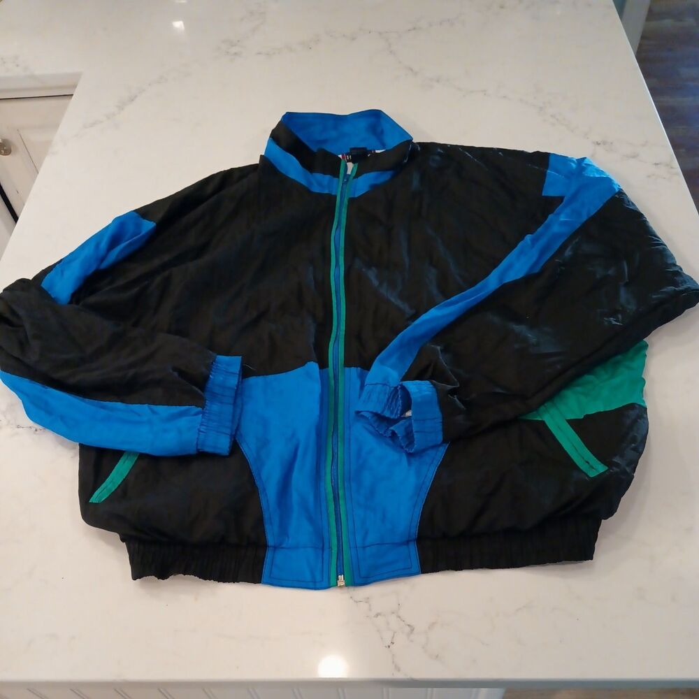 90s Vintage Hathaway Colorblock Windbreaker Jacket Mens L Black Blue Athletic